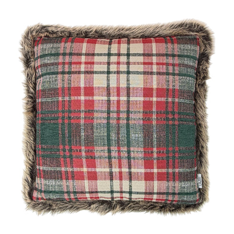 Kissenhuelle mit Fellrand Tartan glow 50x50